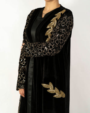 Black Velvet Caftan With Gold Embroidered Sequence