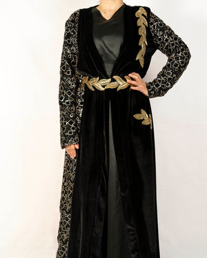 Black Velvet Caftan With Gold Embroidered Sequence