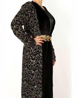 Black Velvet Caftan With Gold Embroidered Sequence