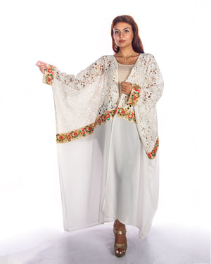 White Dantel Shifon Bisht With Colorful Embroidery