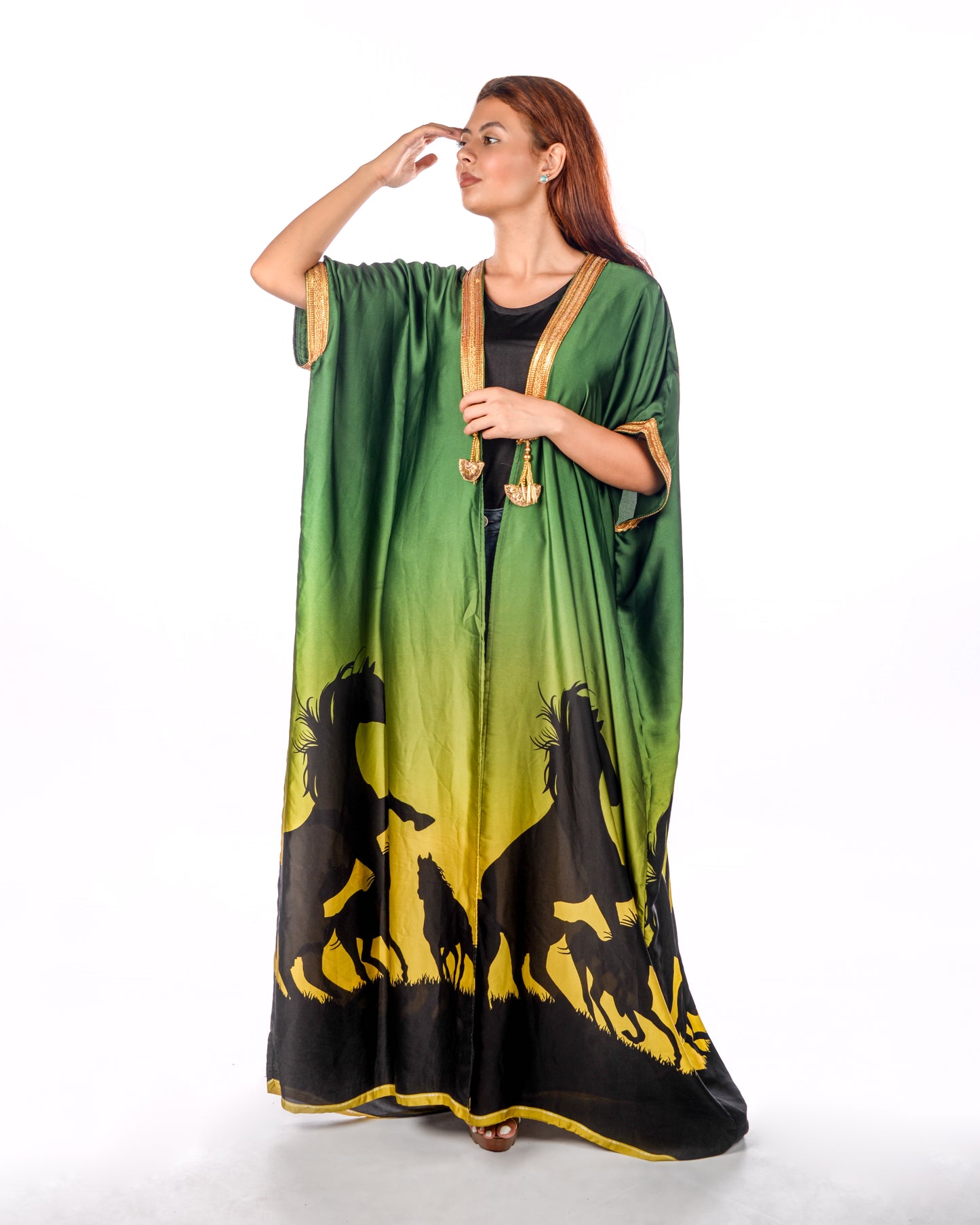 Green bisht abaya with horse print
