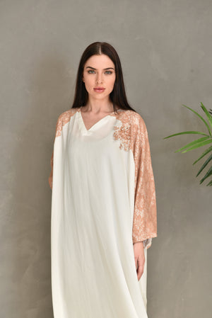 Off White Crepe Georgette Kaftan Dress With Dantel