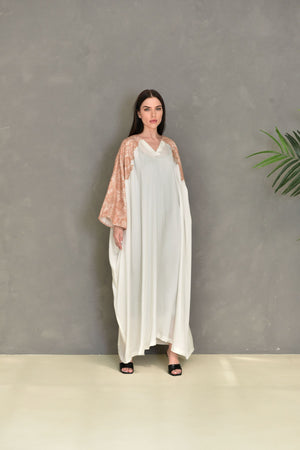 Off White Crepe Georgette Kaftan Dress With Dantel