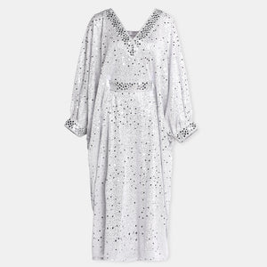 Silver Embellished Kaftan Dress With V Neckline And Billowy Sleeves