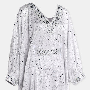 Silver Embellished Kaftan Dress With V Neckline And Billowy Sleeves