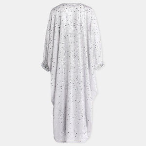 Silver Embellished Kaftan Dress With V Neckline And Billowy Sleeves