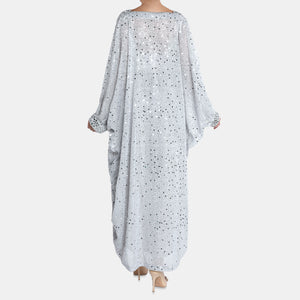 Silver Embellished Kaftan Dress With V Neckline And Billowy Sleeves