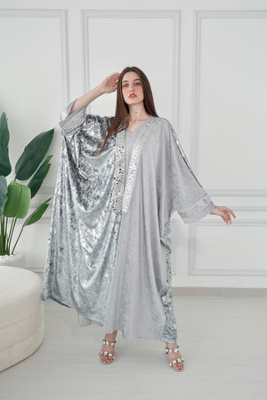 Velvet Silver Bisht With Mirror Embroidery Lace