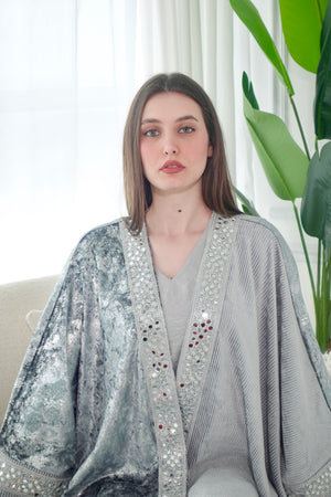 Velvet Silver Bisht With Mirror Embroidery Lace