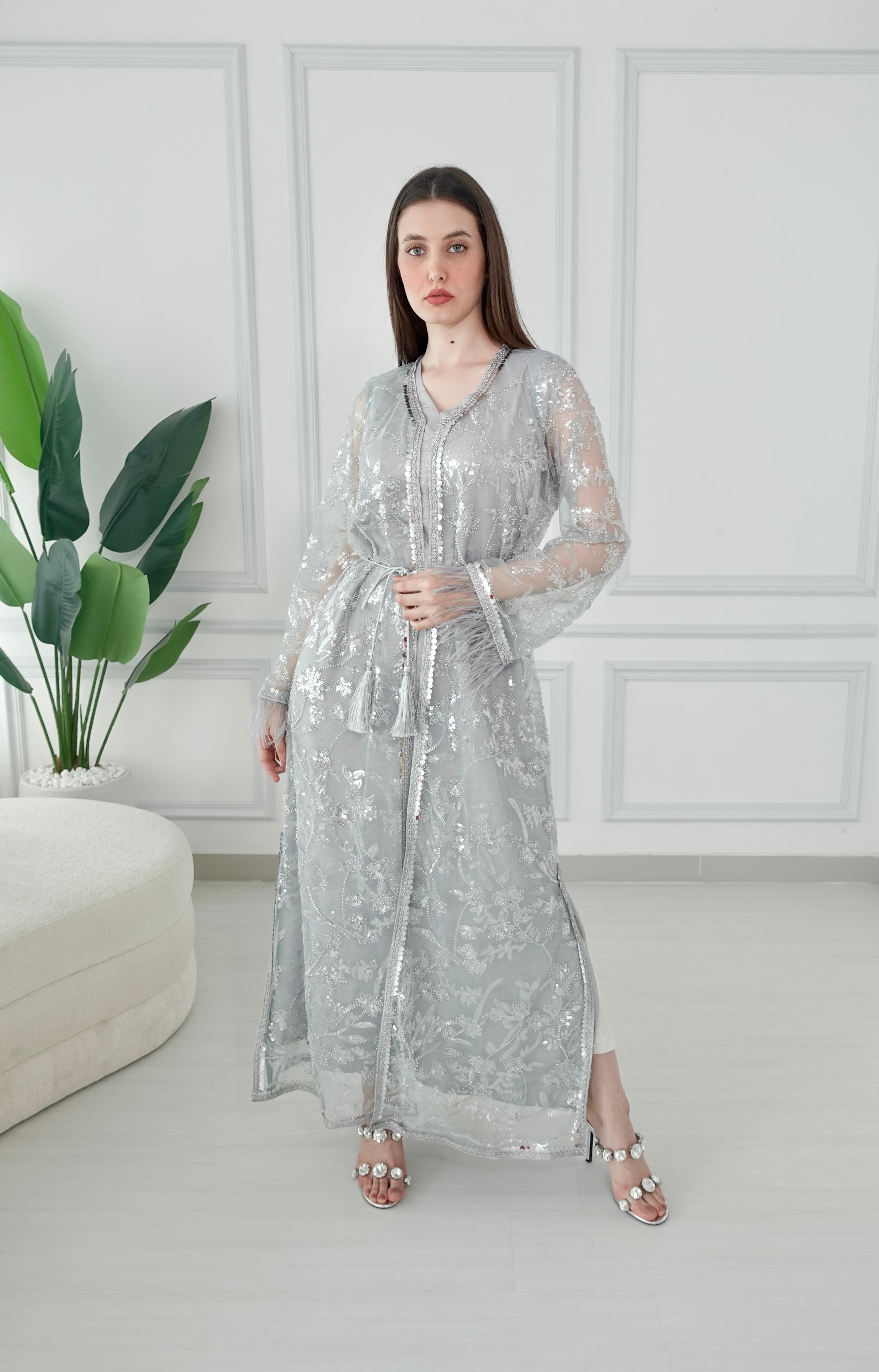 Light Green Beads Embroidery Kaftan Set With Feather