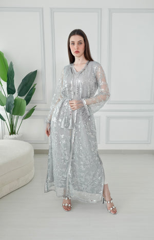 Light Green Beads Embroidery Kaftan Set With Feather