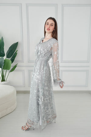 Light Green Beads Embroidery Kaftan Set With Feather