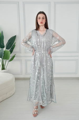 Light Green Beads Embroidery Kaftan Set With Feather