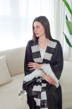 Black And White Embroidered Bisht With Belt