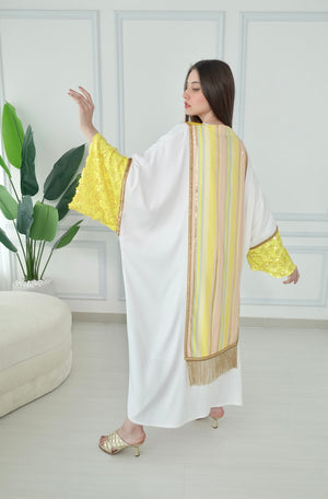 White And Yellow Embroidered Bisht With Belt