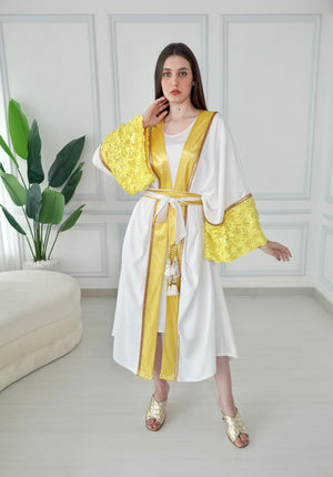 White And Yellow Embroidered Bisht With Belt