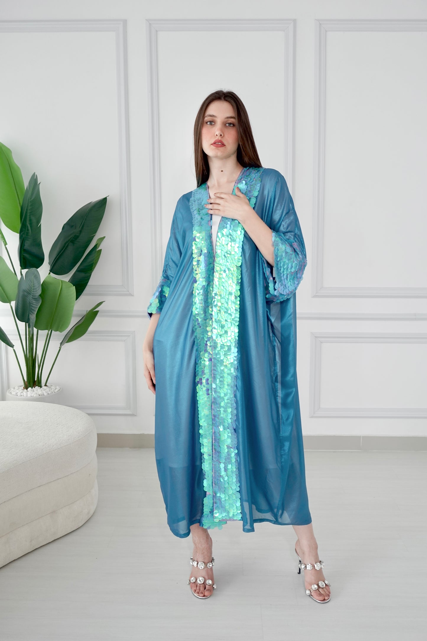 Shiny blue bisht with sequence embroidery