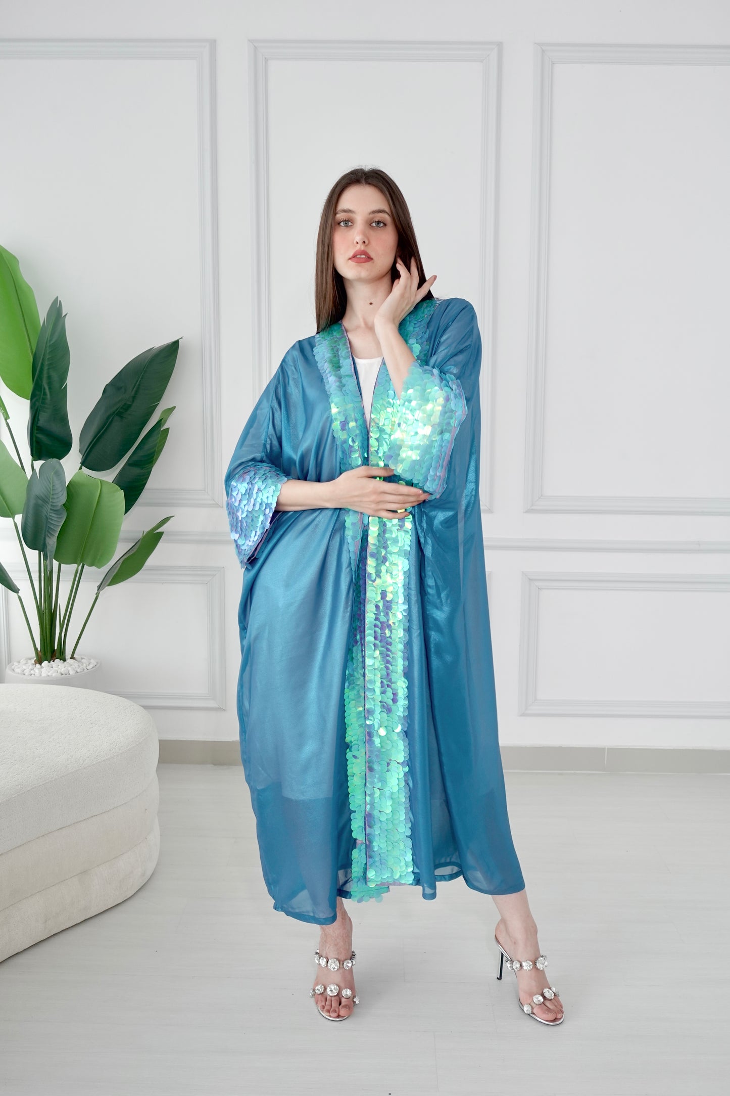 Shiny blue bisht with sequence embroidery