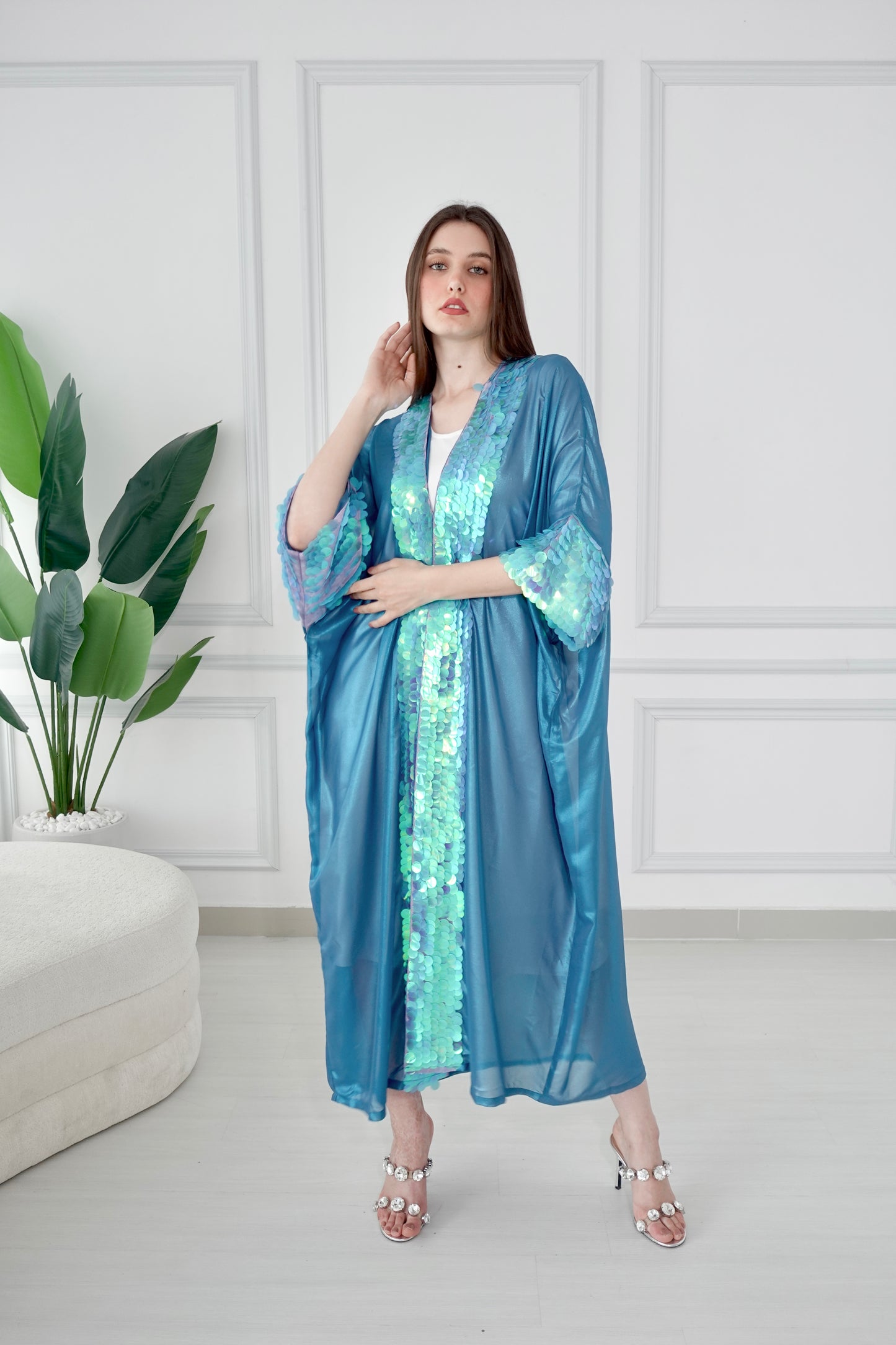 Shiny blue bisht with sequence embroidery
