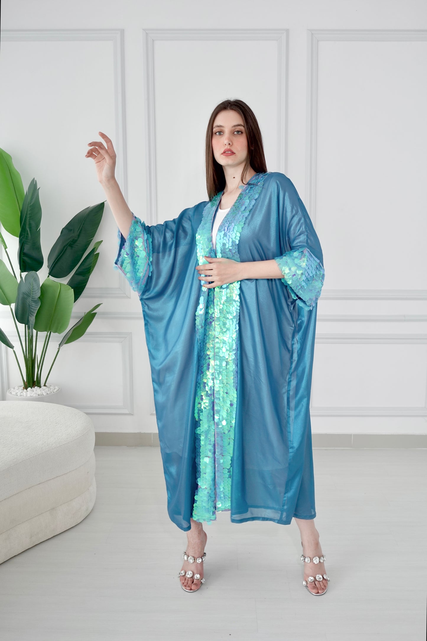 Shiny blue bisht with sequence embroidery