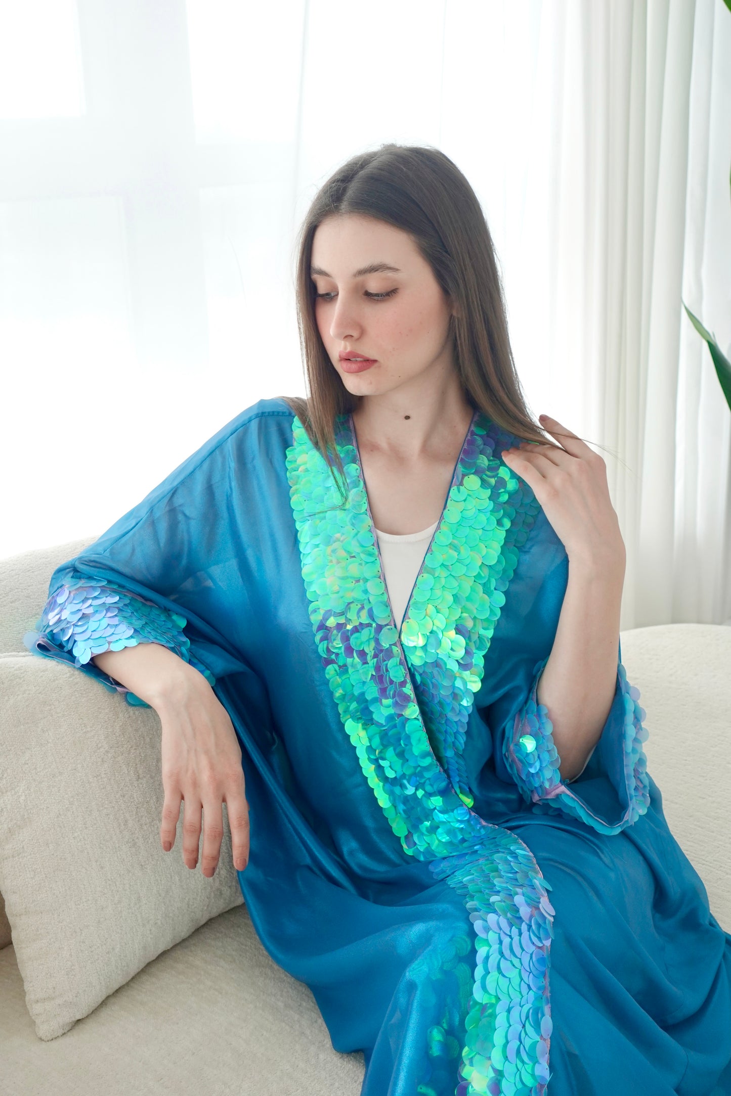 Shiny blue bisht with sequence embroidery