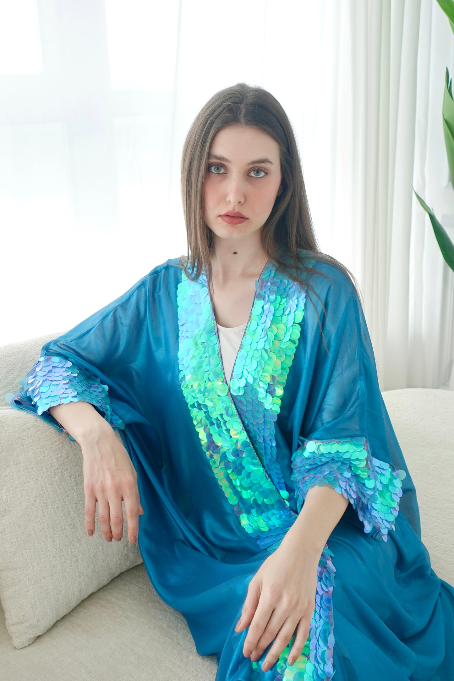 Shiny blue bisht with sequence embroidery