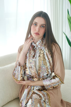 Gold Kaftan With Multicolors Sequence Embroidery
