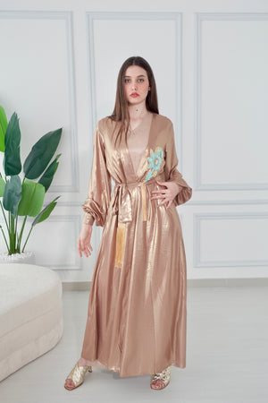 Shiny Gold Kaftan With Aflower Embroidery