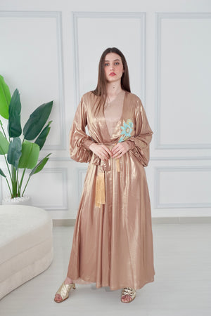 Shiny Gold Kaftan With Aflower Embroidery