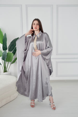 Silver Kaftan Dress With Swarovski Stone Embroidery