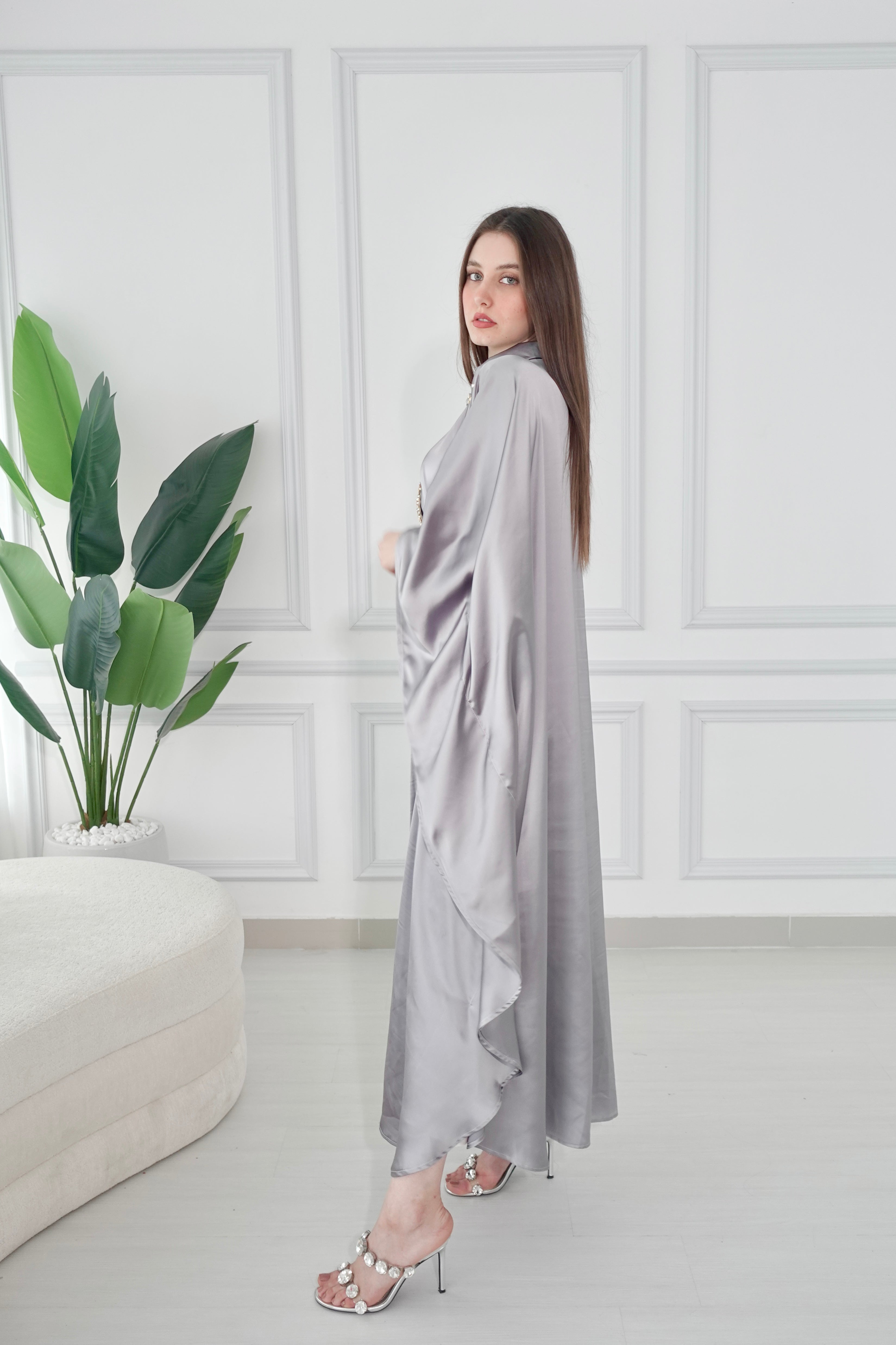 Silver Kaftan Dress With Swarovski Stone Embroidery