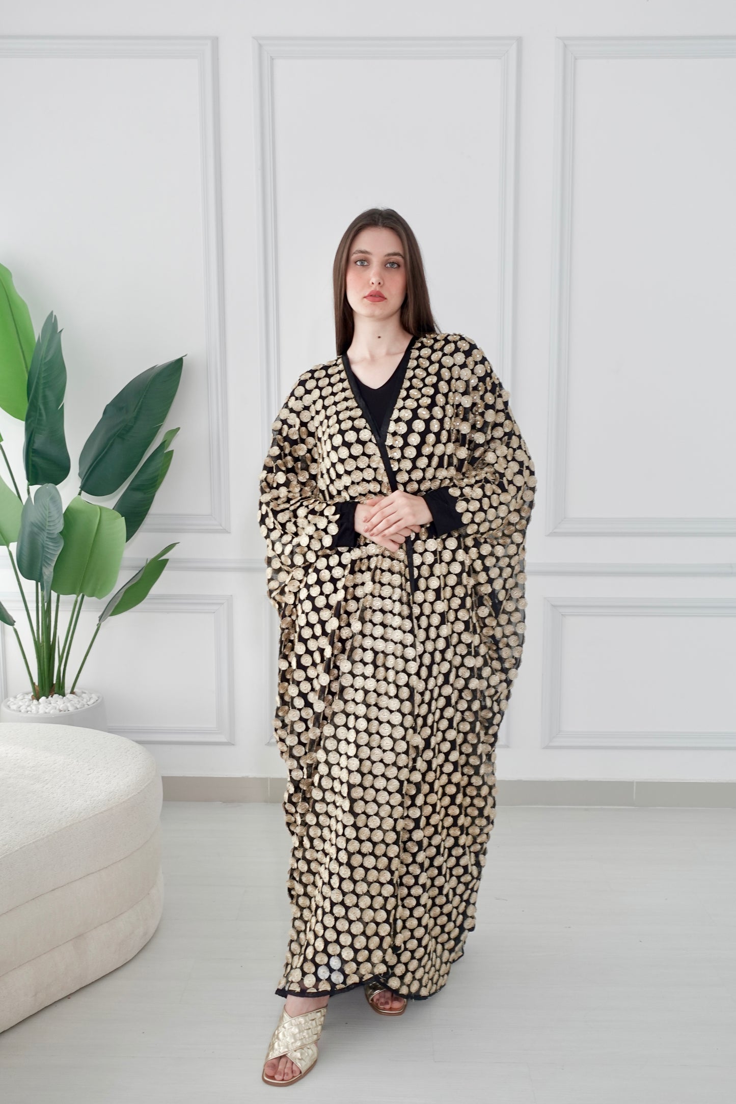Black and gold tulle embroidered bisht