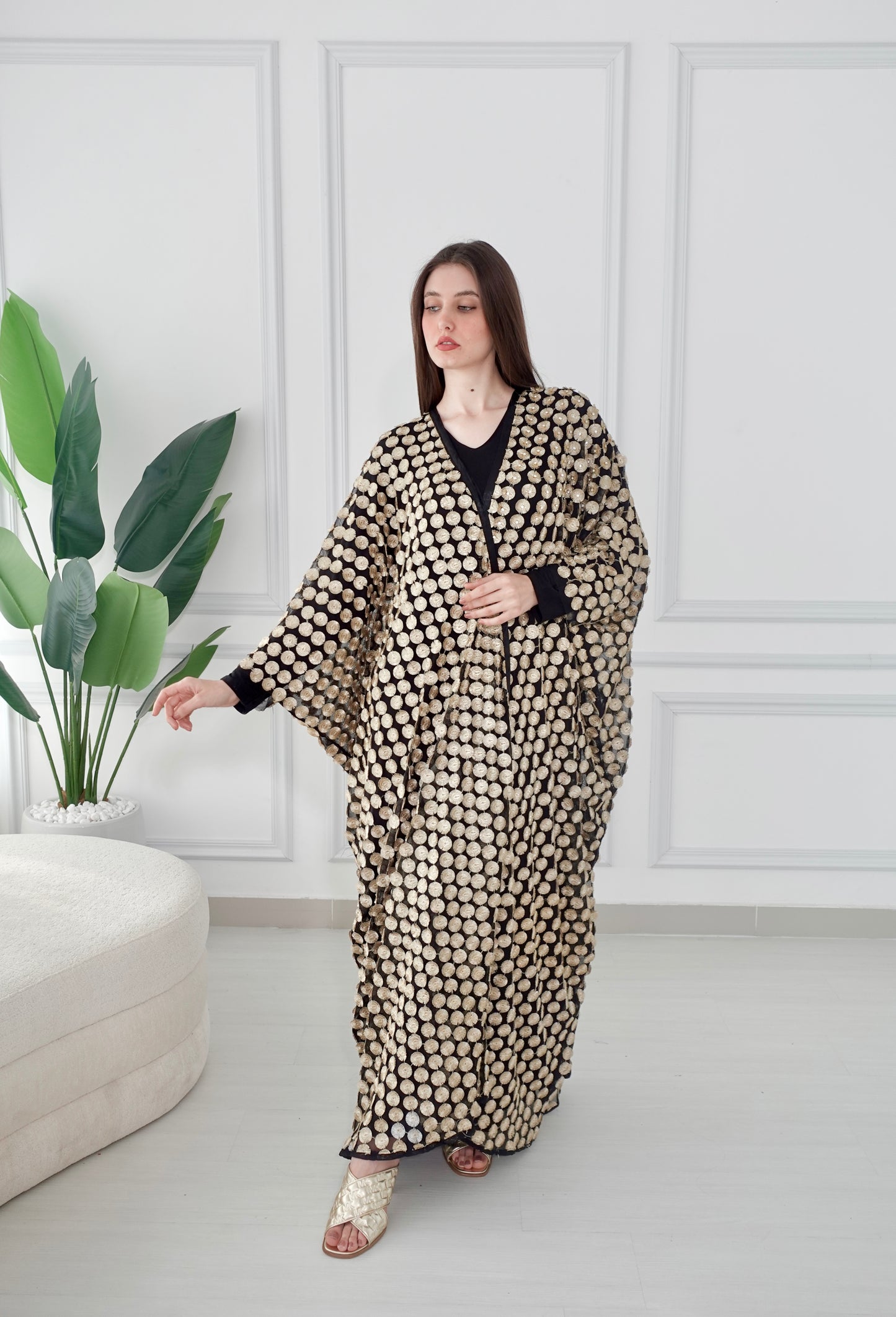 Black and gold tulle embroidered bisht