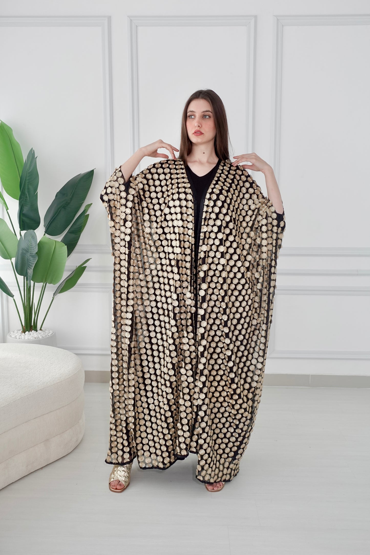 Black and gold tulle embroidered bisht