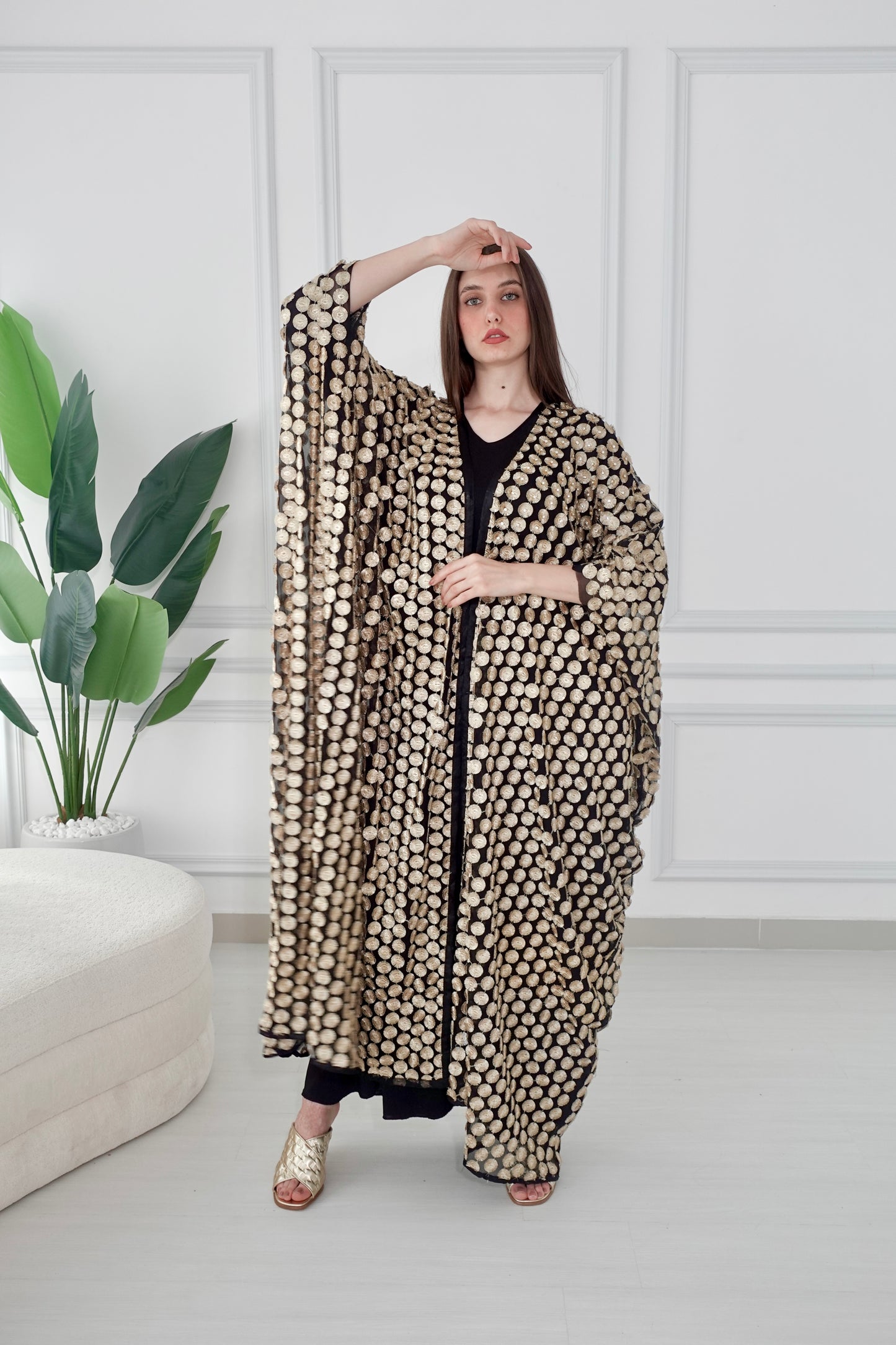 Black and gold tulle embroidered bisht