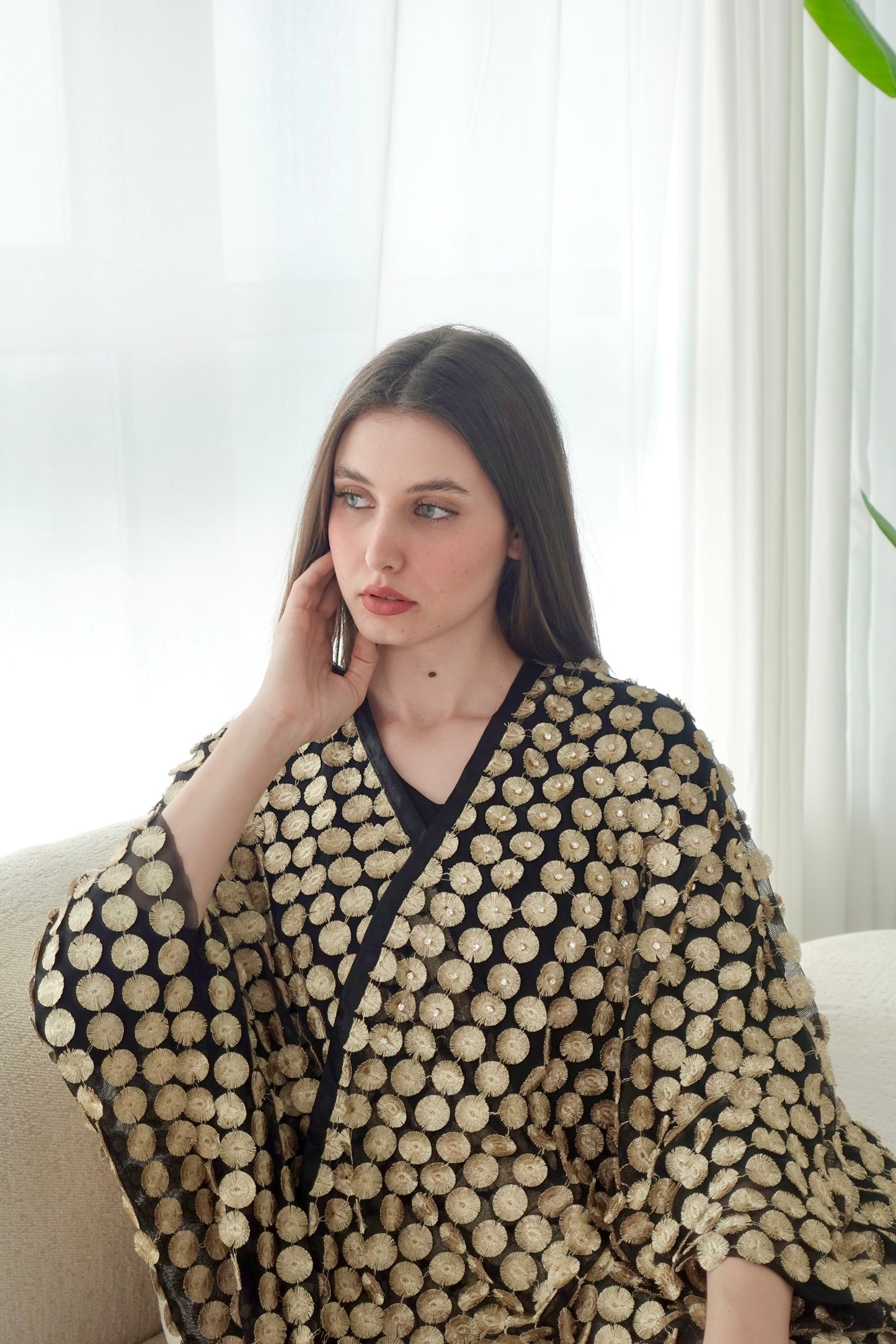 Black and gold tulle embroidered bisht