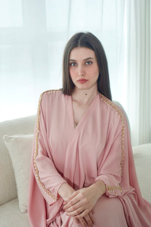 Pink Crepe Bisht With Pearls Embroidery