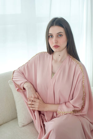 Pink Crepe Bisht With Pearls Embroidery