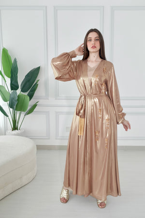Shiny Gold Kaftan With Beads Tassels Embroidery