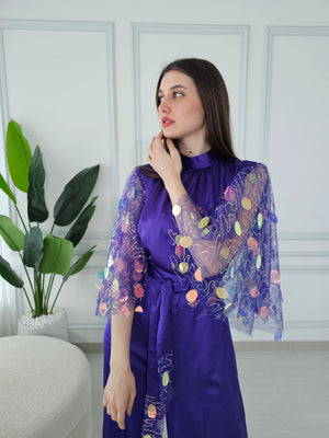 Purple Jumpsuit With Embroidered Tulle Sleeves