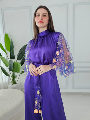 Purple Jumpsuit With Embroidered Tulle Sleeves