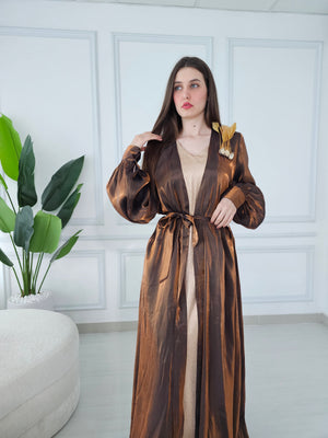 Shiny Bronze Kaftan With Stones And Feathers