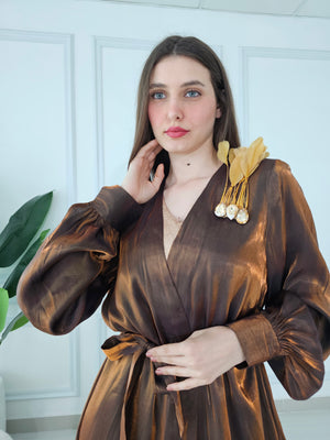 Shiny Bronze Kaftan With Stones And Feathers