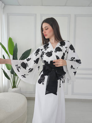 White Crepe Kaftan With Black Sequence Embroidery