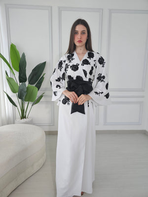 White Crepe Kaftan With Black Sequence Embroidery