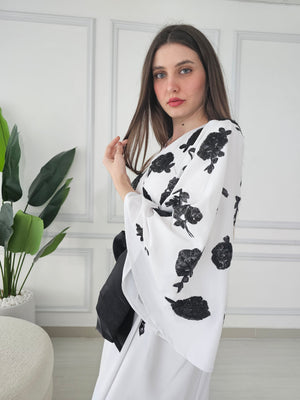 White Crepe Kaftan With Black Sequence Embroidery