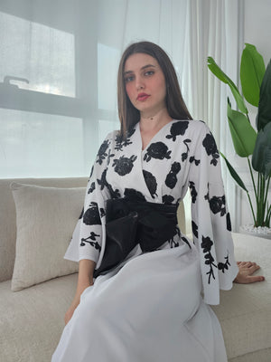 White Crepe Kaftan With Black Sequence Embroidery