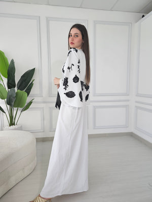 White Crepe Kaftan With Black Sequence Embroidery