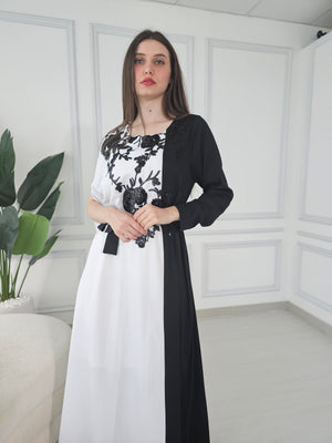 White And Black Kaftan Dress With Sequence Embroidery