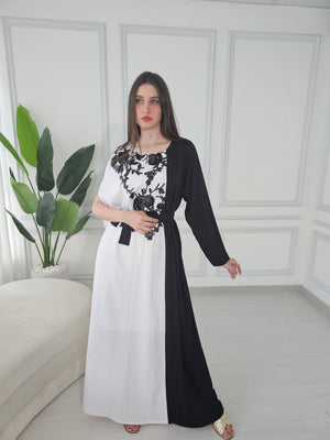 White And Black Kaftan Dress With Sequence Embroidery